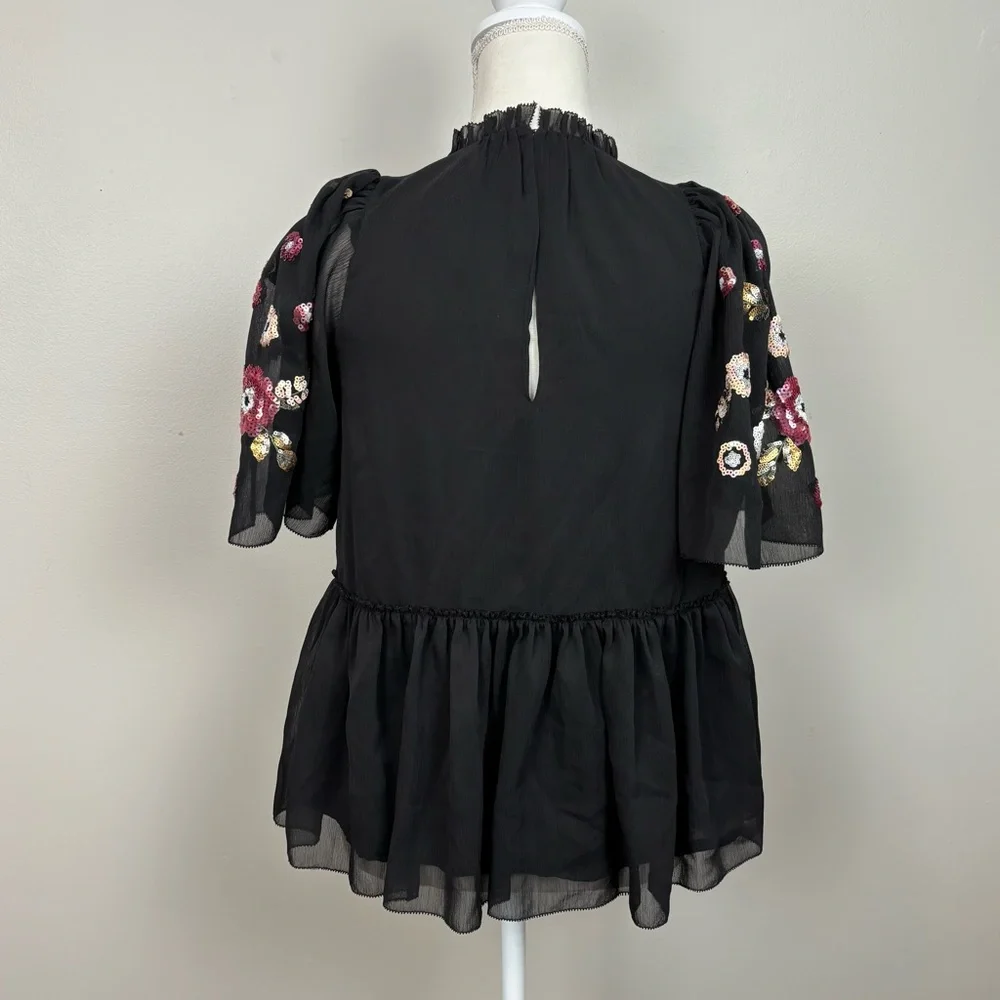 Kate Spade X Madison Avenue Top Womens XXS Black Sequin‎ Floral Blouse